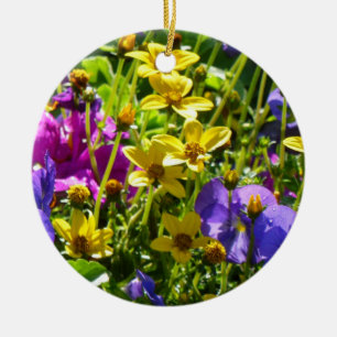 Gele Coreopsis en Paarse Violas Kleurrijke Bloemen Keramisch Ornament