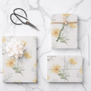 Gele Cottagecore Wilde Bloemen Botanische Print Inpakpapier Vel