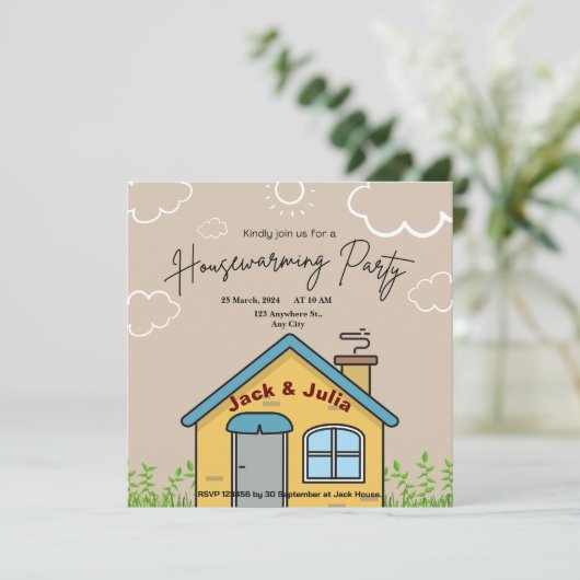 Gele Country House Housewarming Party Uitnodiging (Staand voorkant)