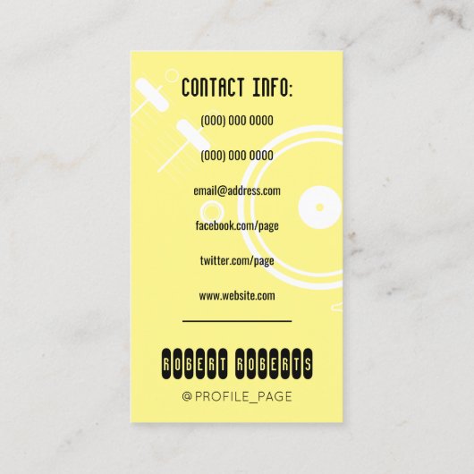 Gele cover in moderne stijl met dejay visitekaartje (Achterkant)