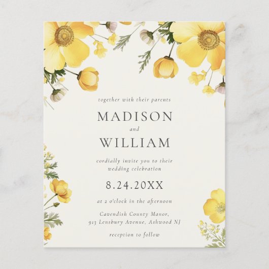 Gele Crème Bloemen Bruiloft Budget Uitnodiging (Voorkant)