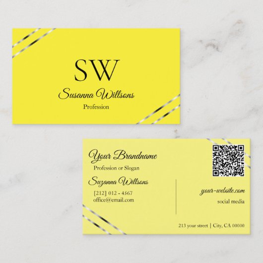 Gele Crème met Zilveren Lijnen Monogram QR Code Visitekaartje (Voorkant / Achterkant)