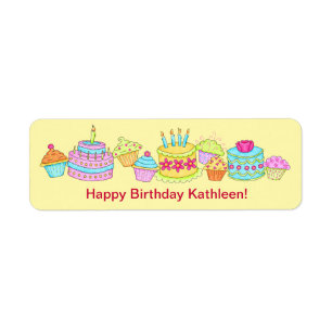 Gele cupcakes/Cake Happy Birthday, gepersonaliseer Etiket