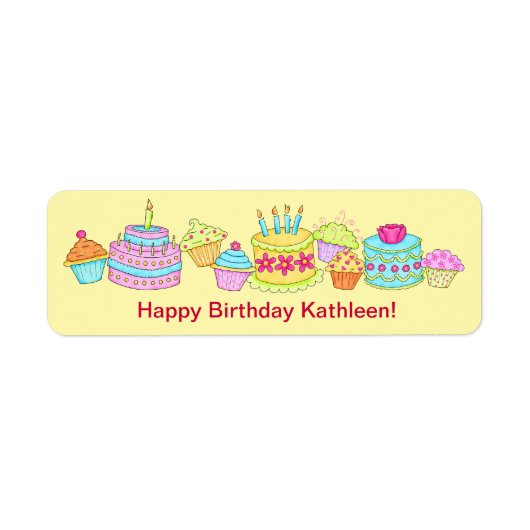 Gele cupcakes/Cake Happy Birthday, gepersonaliseer Etiket (Voorkant)
