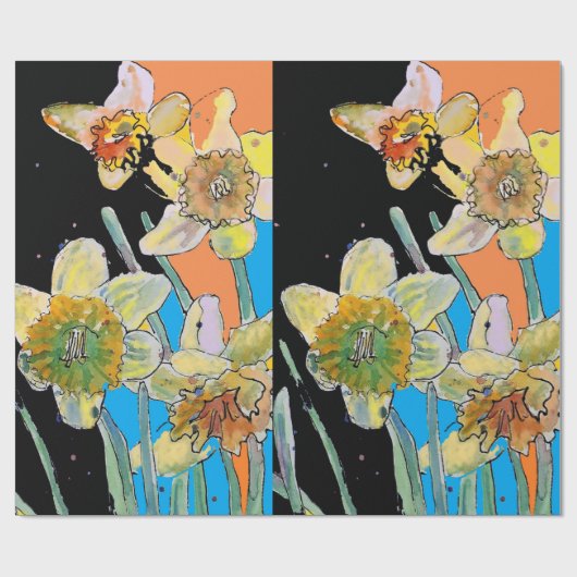 Gele Daffodil Blauwe Lente Waterverf Cadeaupapier (Vlak)