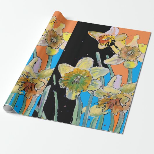 Gele Daffodil Blauwe Lente Waterverf Cadeaupapier (Uitgerold)