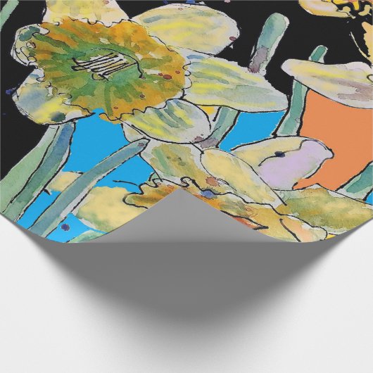 Gele Daffodil Blauwe Lente Waterverf Cadeaupapier (Hoek)