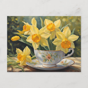 Gele Daffodil Bloemen in  Tea Cup Briefkaart