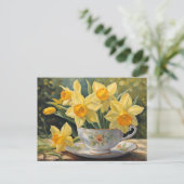 Gele Daffodil Bloemen in  Tea Cup Briefkaart (Staand voorkant)
