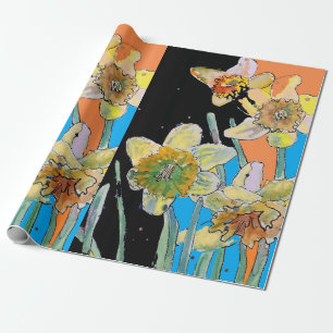 Gele Daffodil Blue Spring bloemen Kunst Waterverf Cadeaupapier