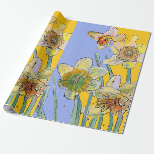 Gele Daffodil Paarse Lente Bloemen Waterverf Cadeaupapier