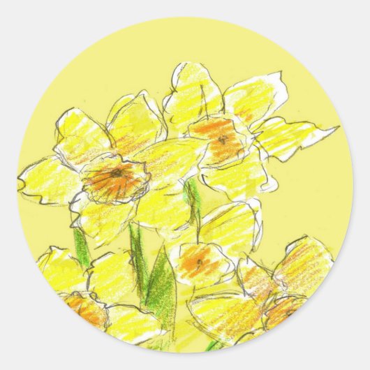 Gele Daffodil Tekening Waterverf Lente Bloemen Ronde Sticker (Voorkant)