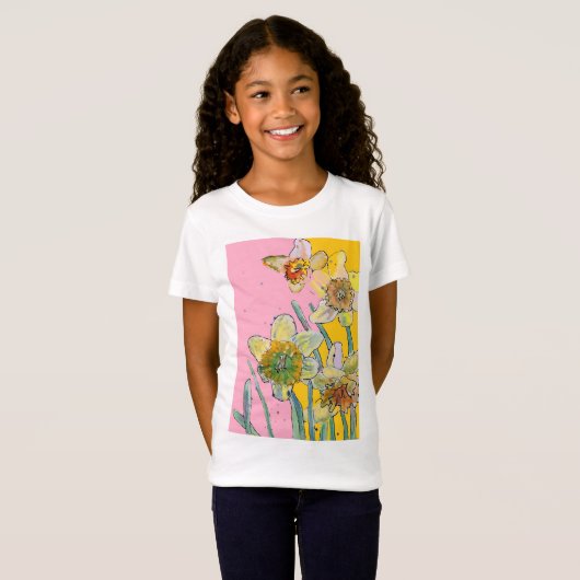 Gele Daffodil waterverf art Girls T Shirt (Voorkant volledig)