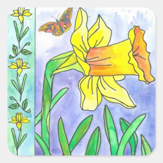 Gele Daffodil Waterverf Bloemvlinder Vierkante Sticker (Voorkant)