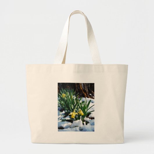 Gele Daffodils bloemen in de sneeuw Grote Tote Bag (Voorkant)