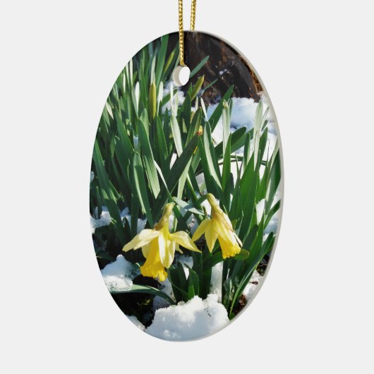 Gele Daffodils bloemen in de sneeuw Keramisch Ornament (Links)