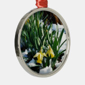 Gele Daffodils bloemen in de sneeuw Metalen Ornament (Rechts)