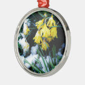 Gele Daffodils bloemen in de sneeuw Metalen Ornament (Links)