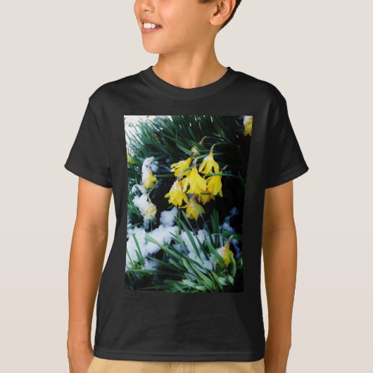 Gele Daffodils bloemen in de sneeuw T-shirt (Voorkant)