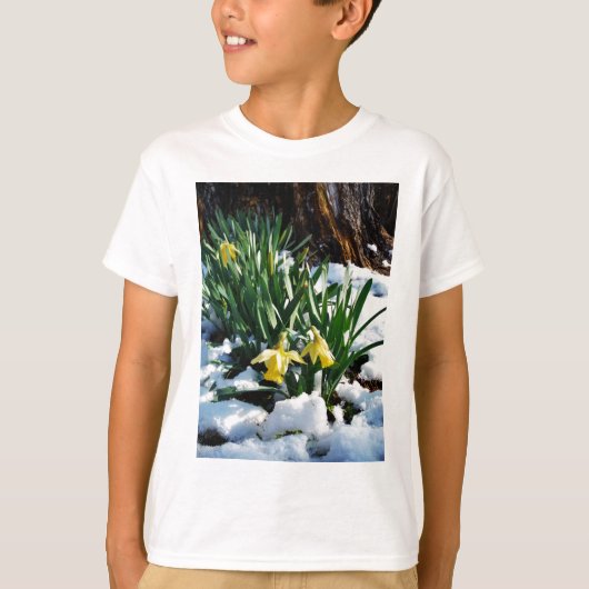Gele Daffodils bloemen in de sneeuw T-shirt (Voorkant)