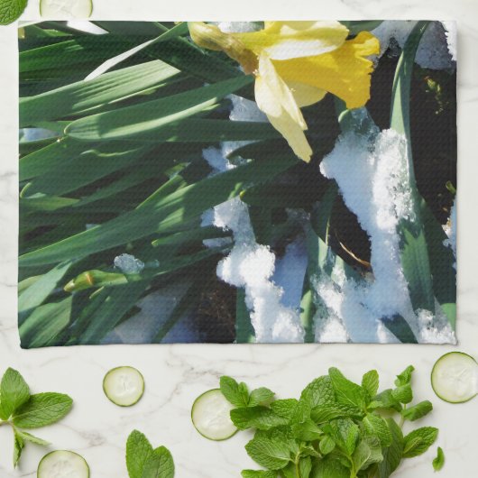Gele Daffodils bloemen in de sneeuw Theedoek (Gevouwen)