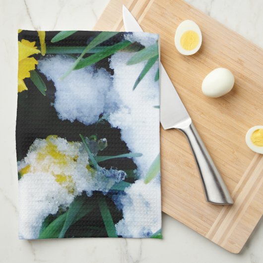Gele Daffodils bloemen in de sneeuw Theedoek (Quarter Fold)