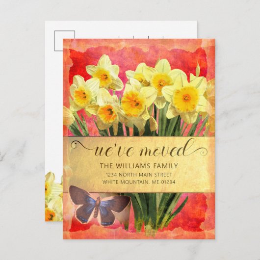Gele Daffodils Bloemen Vlinder Koraal Bewegen Aankondigingskaart (Voorkant / Achterkant)