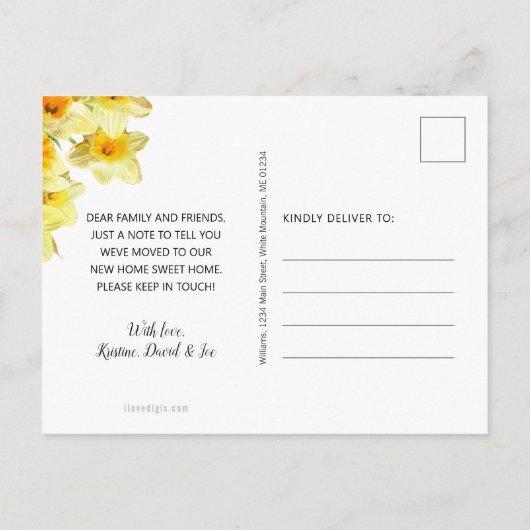 Gele Daffodils Bloemen Vlinder Koraal Bewegen Aankondigingskaart (Achterkant)