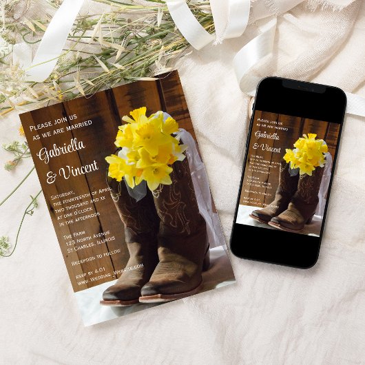 Gele Daffodils en Cowboy Boots Westerne bruiloft Kaart