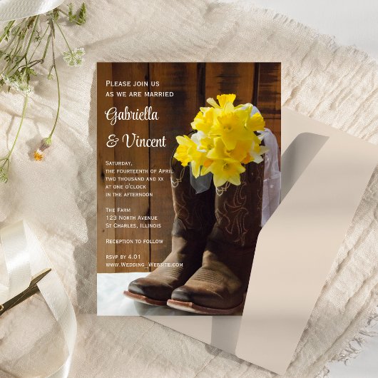 Gele Daffodils en Cowboy Boots Westerne bruiloft Kaart