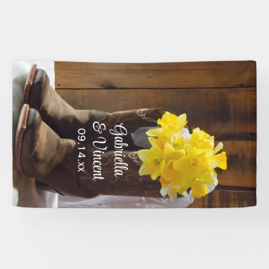 Gele Daffodils en Cowboy Boots Westerne bruiloft Spandoek (Horizontaal)