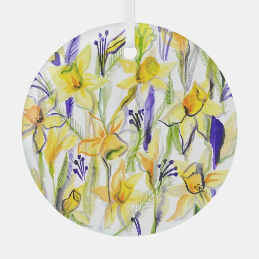Gele Daffodils Waterverf Illustratie Glas Ornament (Voorkant)