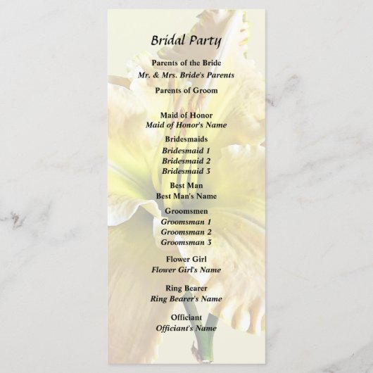 Gele Daglel Bruiloft Benodigdheden Programmakaart (Achterkant)