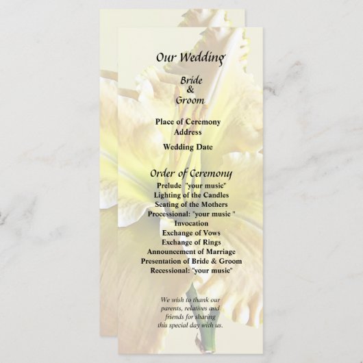 Gele Daglel Bruiloft Benodigdheden Programmakaart (Voorkant / Achterkant)