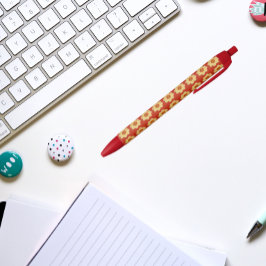 Gele Dahlia op Red Floral Pattern Zwarte Inkt Pen