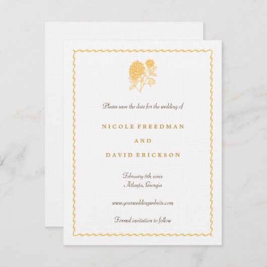 Gele dahlia save the date trouwannonce kaart (Voorkant / Achterkant)