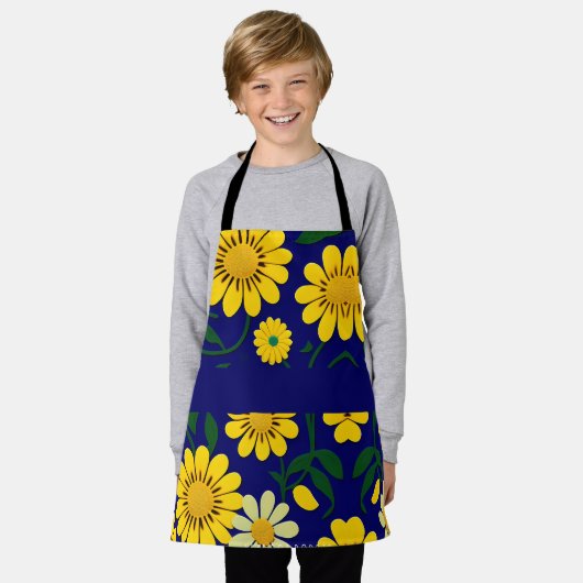 Gele Daisies Blauw Bloemen Waterverf Patroon Schort (Gedragen)