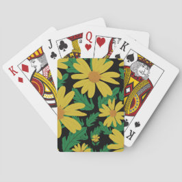 Gele daisy-bloemen met groene bladeren die ca. pokerkaarten