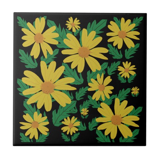 Gele daisy-bloemen met groene bladeren, keramisch tegeltje (Voorkant)