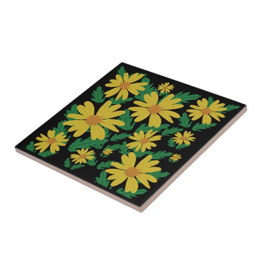 Gele daisy-bloemen met groene bladeren, keramisch tegeltje (Zijkant)