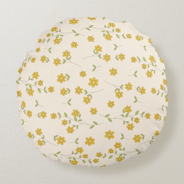Gele Daisy Bloemmotief op Crème Rond Kussen (Voorkant)