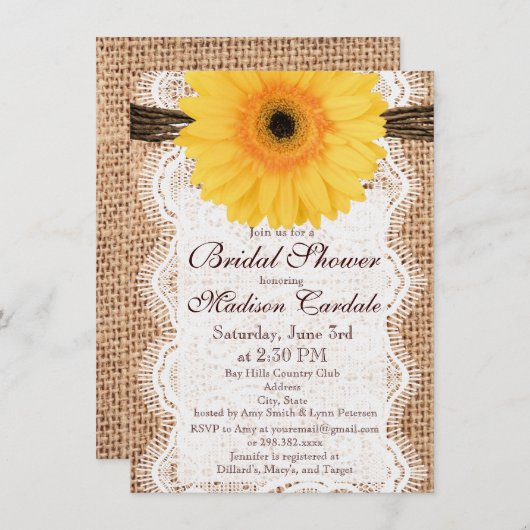 Gele Daisy Burlap Bridal Shower Invitations Kaart (Voorkant / Achterkant)