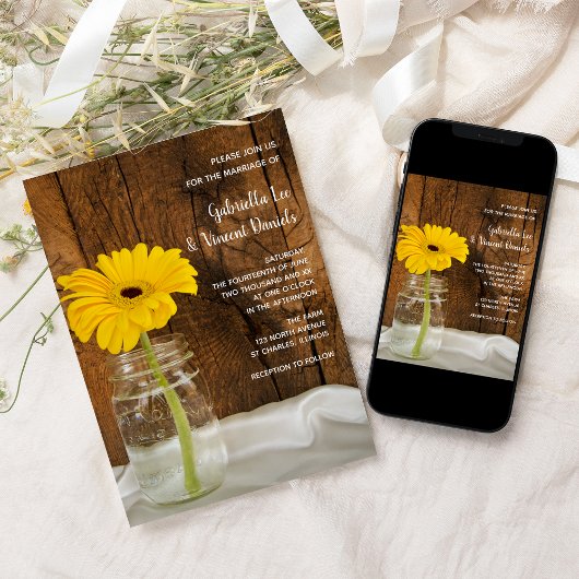 Gele Daisy in Mason Jar Country Barn Wedding Kaart