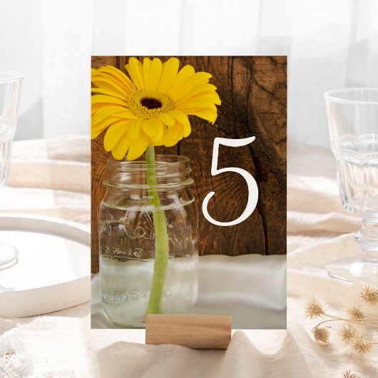 Gele Daisy in Mason Jar Wedding Table Numbers Kaart