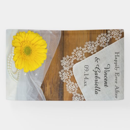 Gele Daisy, Kant en Schuur Houten Land Bruiloft Spandoek (Horizontaal)