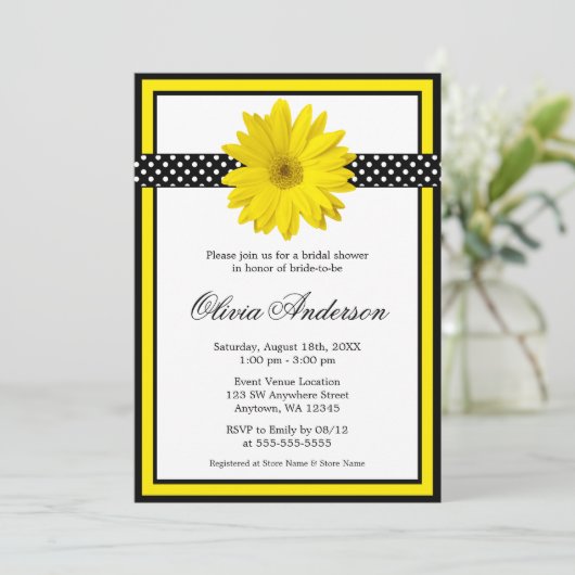 Gele Daisy Polka Dots Bruids Douche Uitnodigingen (Staand voorkant)