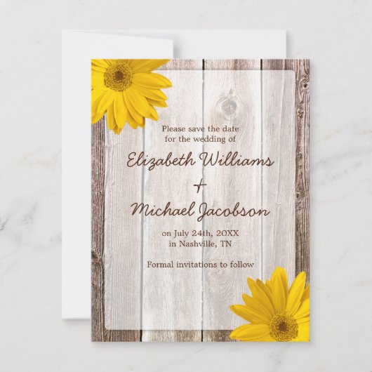 Gele Daisy Schuur Houten Save the Date Aankondigin (Voorkant)