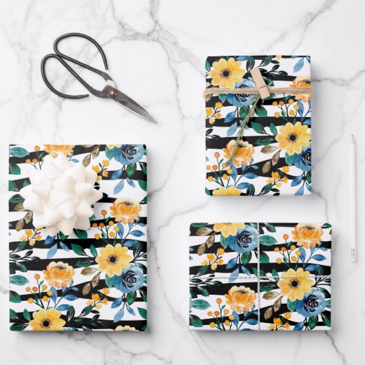 Gele daisy zebra strepen patroon florale lol inpakpapier vel (Voorkant)