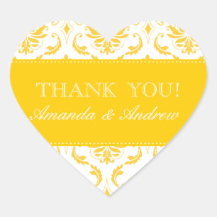 Gele Damask Gepersonaliseerde Bruiloft Dank u Hart Sticker