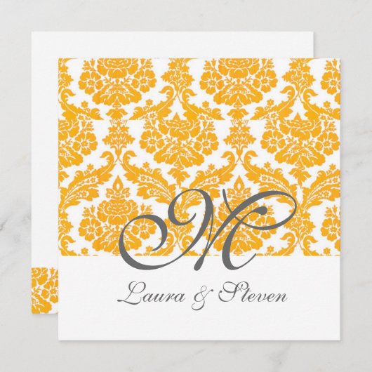 gele damask monogram bruiloft kaart (Voorkant / Achterkant)